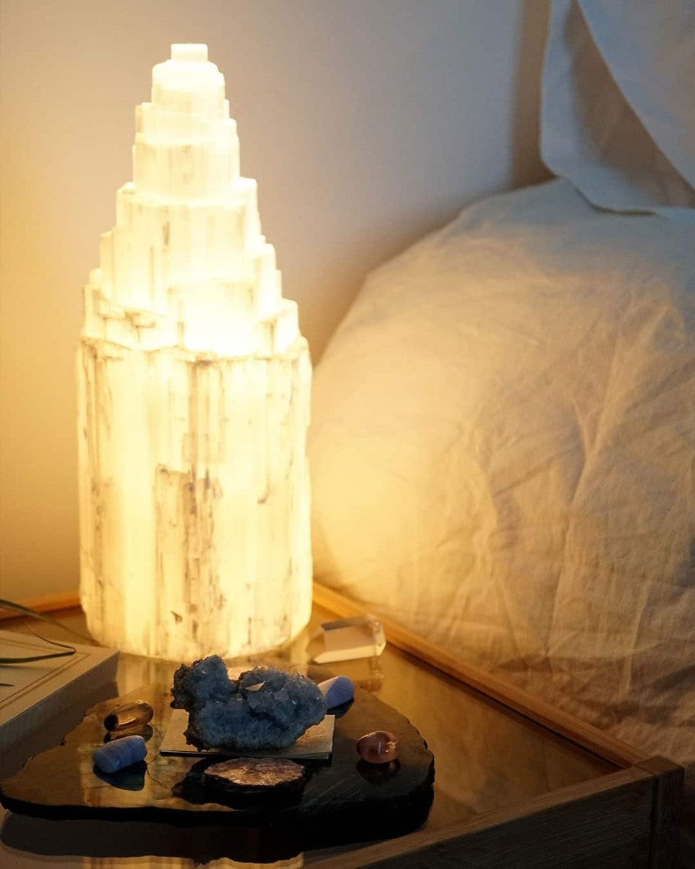 Selenite Crystal Tower Lamp 30cm White