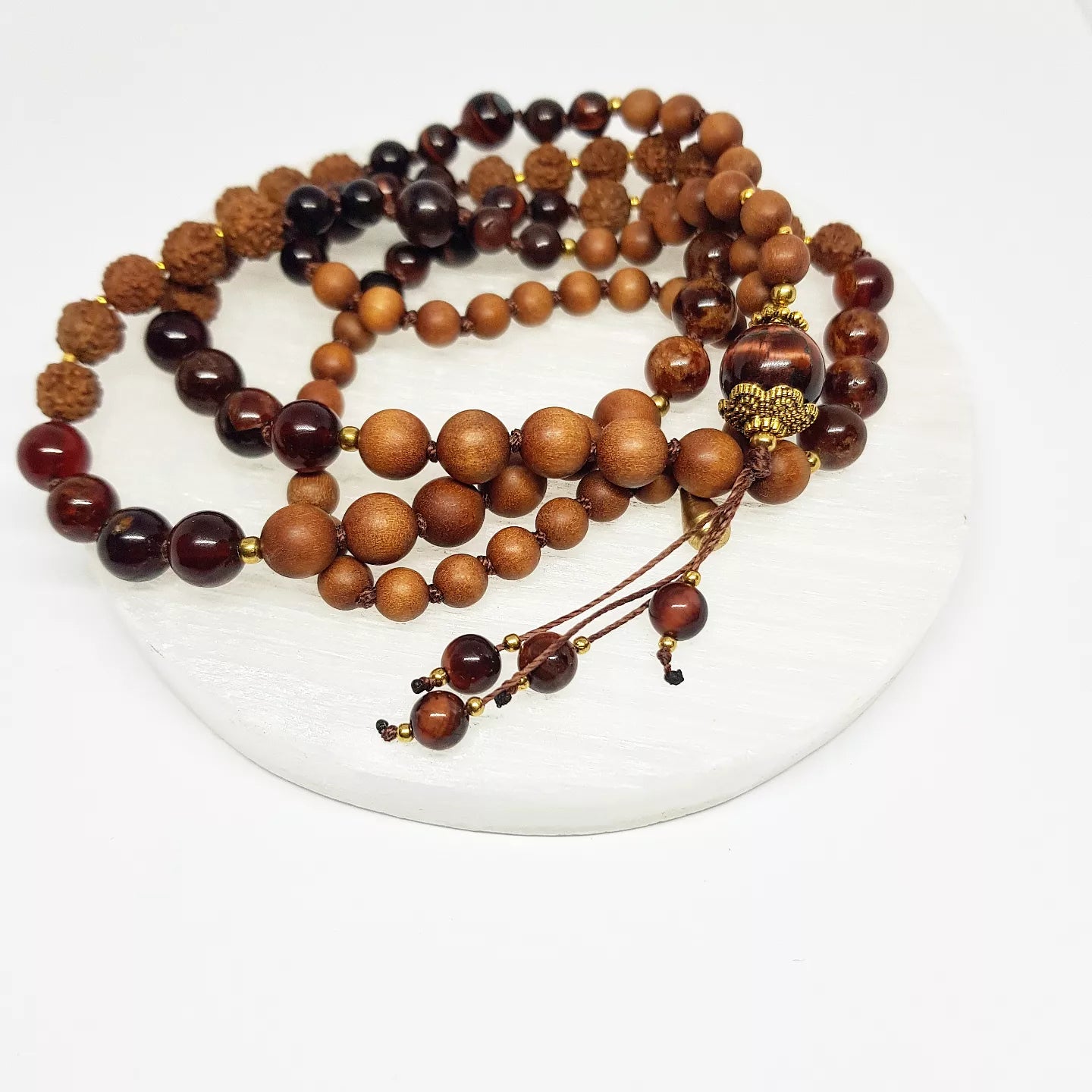 Hessonite Garnet, Sandalwood, Red Tiger's Eye & Rudraksha