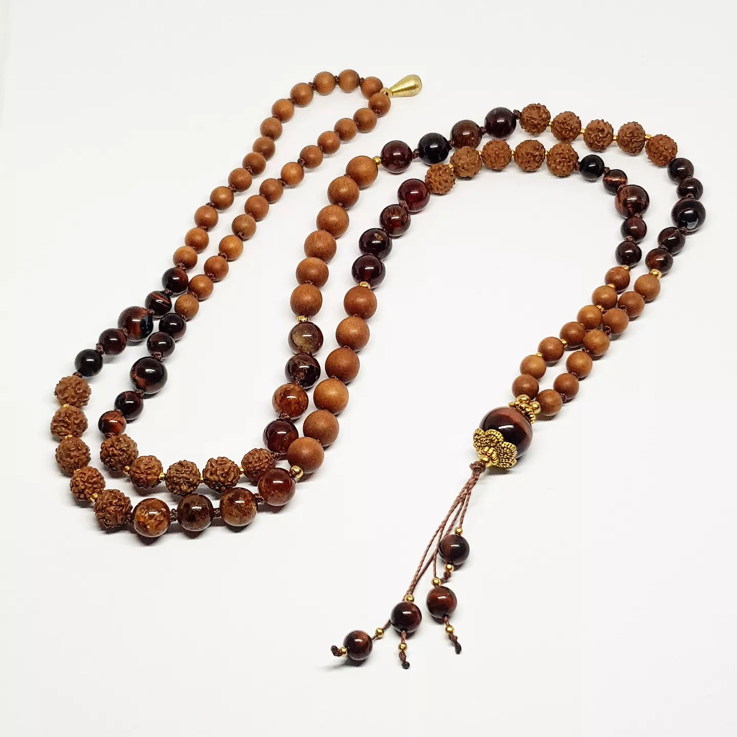 Hessonite Garnet, Sandalwood, Red Tiger's Eye & Rudraksha