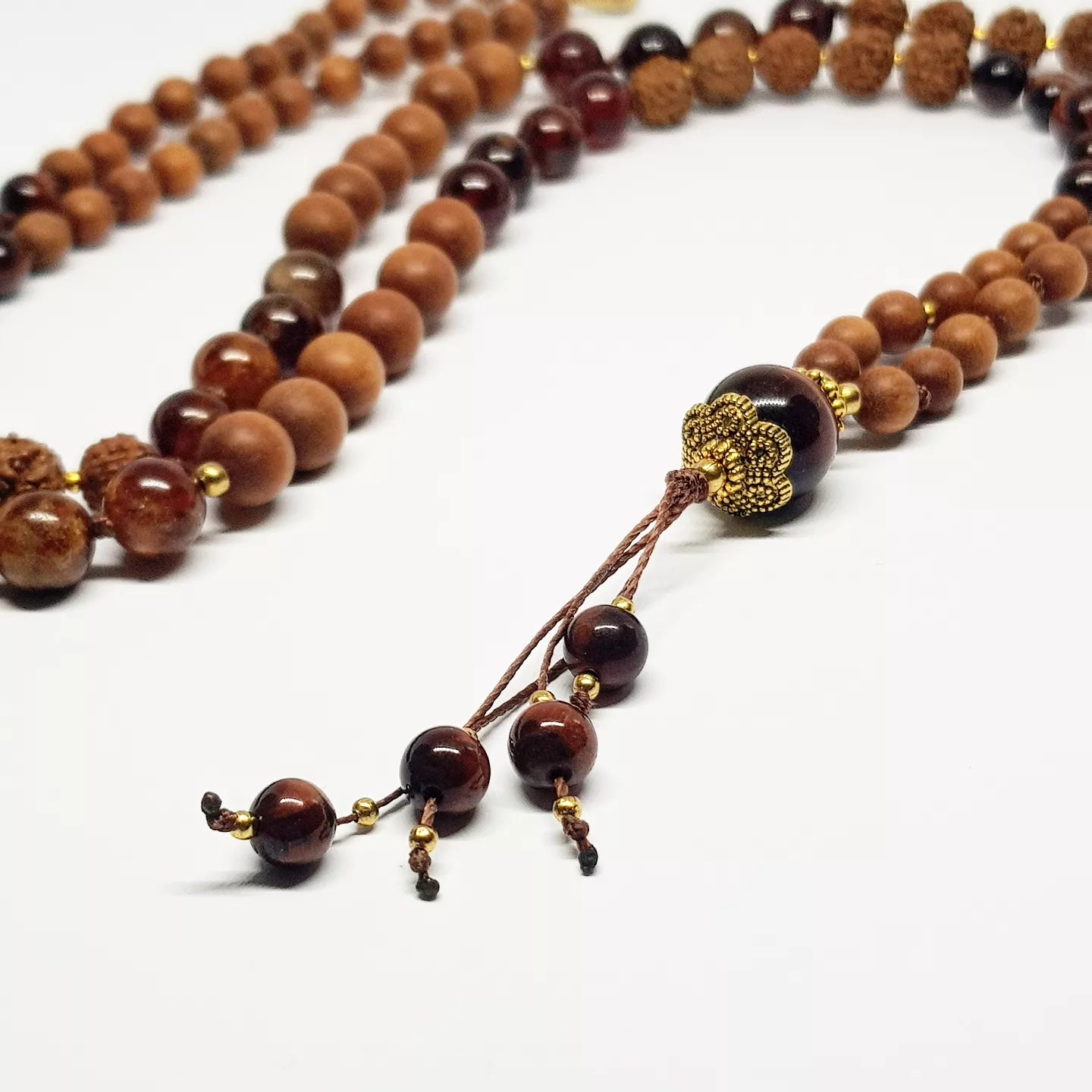 Hessonite Garnet, Sandalwood, Red Tiger's Eye & Rudraksha