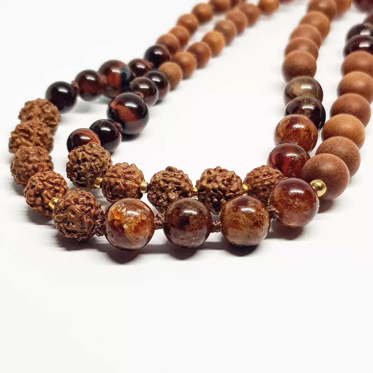 Hessonite Garnet, Sandalwood, Red Tiger's Eye & Rudraksha